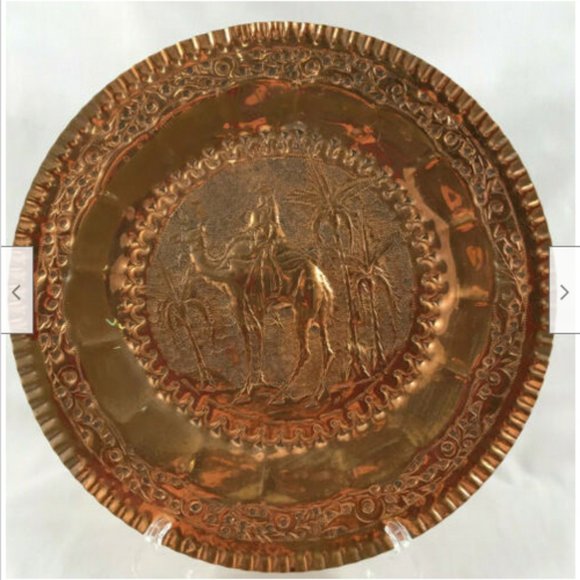 Copper Repousse Decorative Plate Camel Desert Scene Moulded Etch Design Set of 2 - Picture 2 of 3
